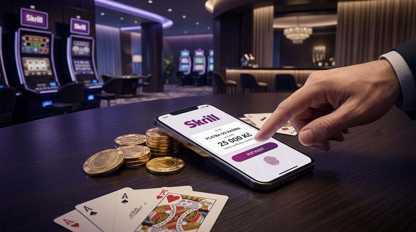 Futuristické digitální rozhraní Skrill v luxusním kasinu s žetony a kartami