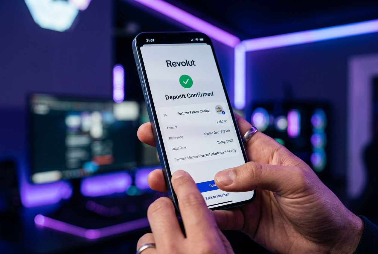 Mobilní telefon zobrazující potvrzení platby v aplikaci Revolut v moderním casinu